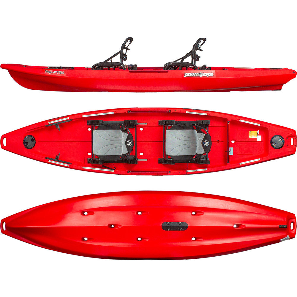 A red Jackson Kayak TakeTwo tandem canoe.