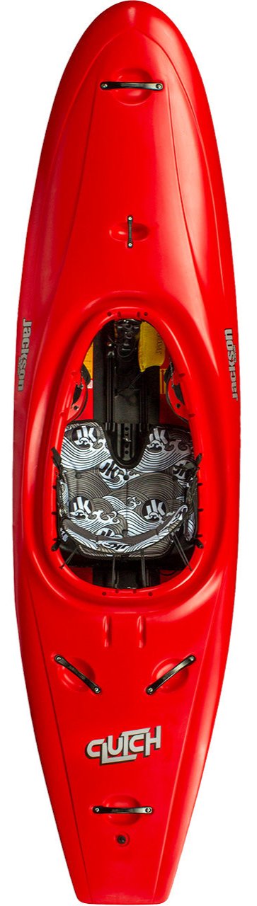 A vibrant red creek boat named "Clutch" by Jackson Kayak, ideal for river adventures, is displayed from three perspectives: top view, side view, and bottom view. The kayak boasts black and white interior patterns with the text "Jackson" and "Clutch" printed on it.