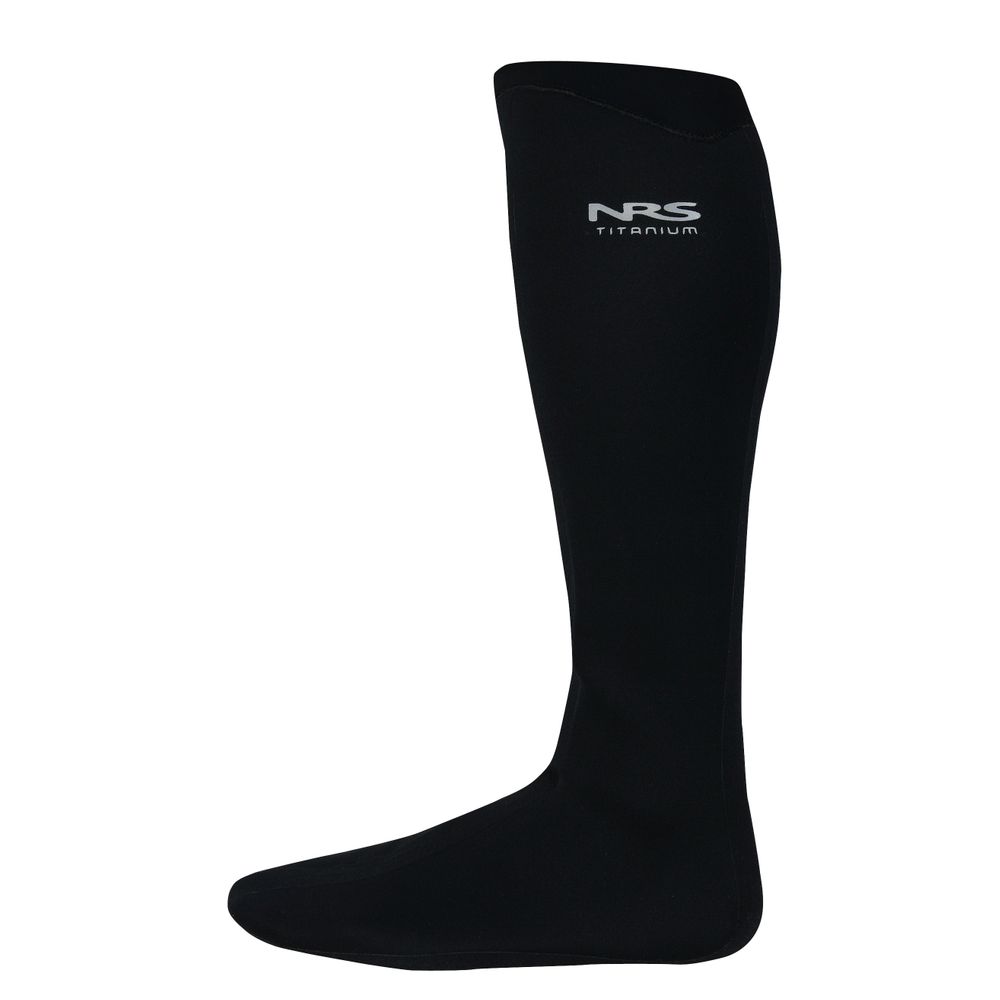 The Boundary Sock by NRS is black, knee-high with a reinforced sole and neoprene HydroCuff, showcased in a side profile on a white background.