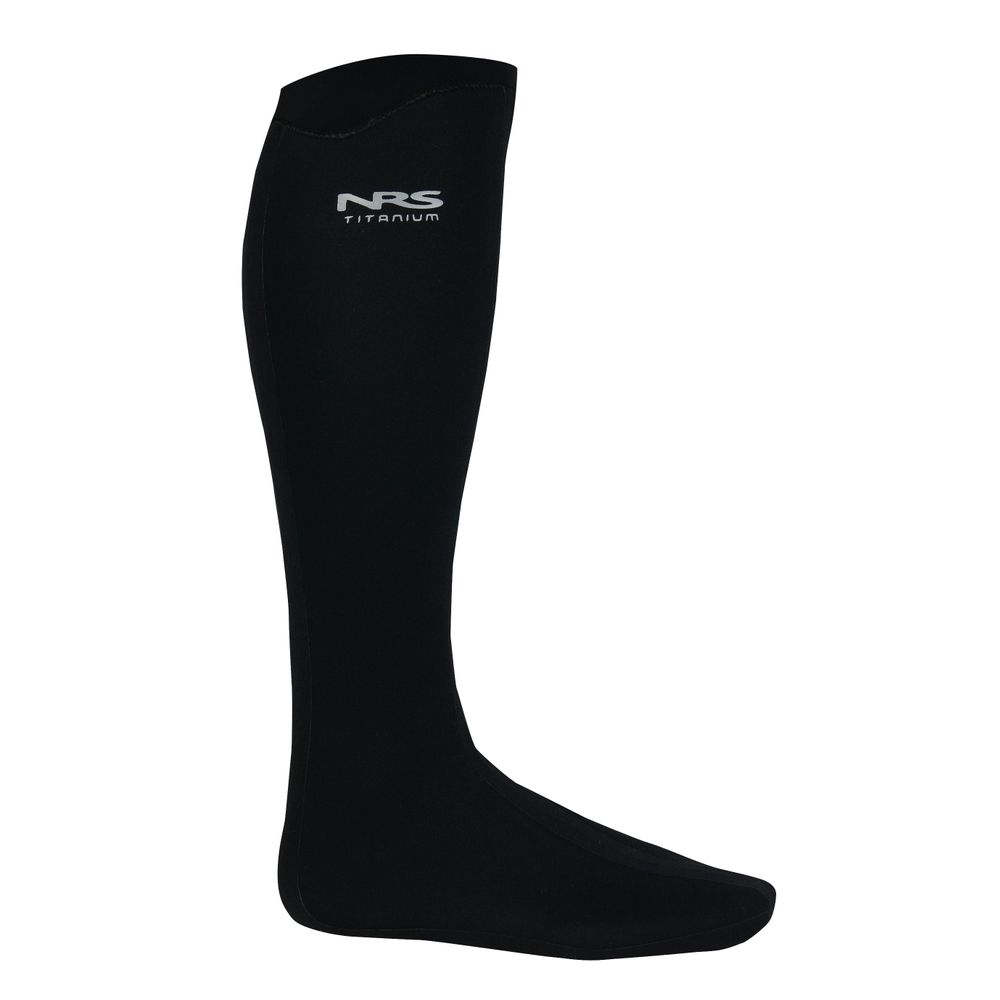 The Boundary Sock from NRS is a black titanium knee-high sock with three-panel construction and a neoprene HydroCuff, featuring branding near the top for secure fit and comfort.