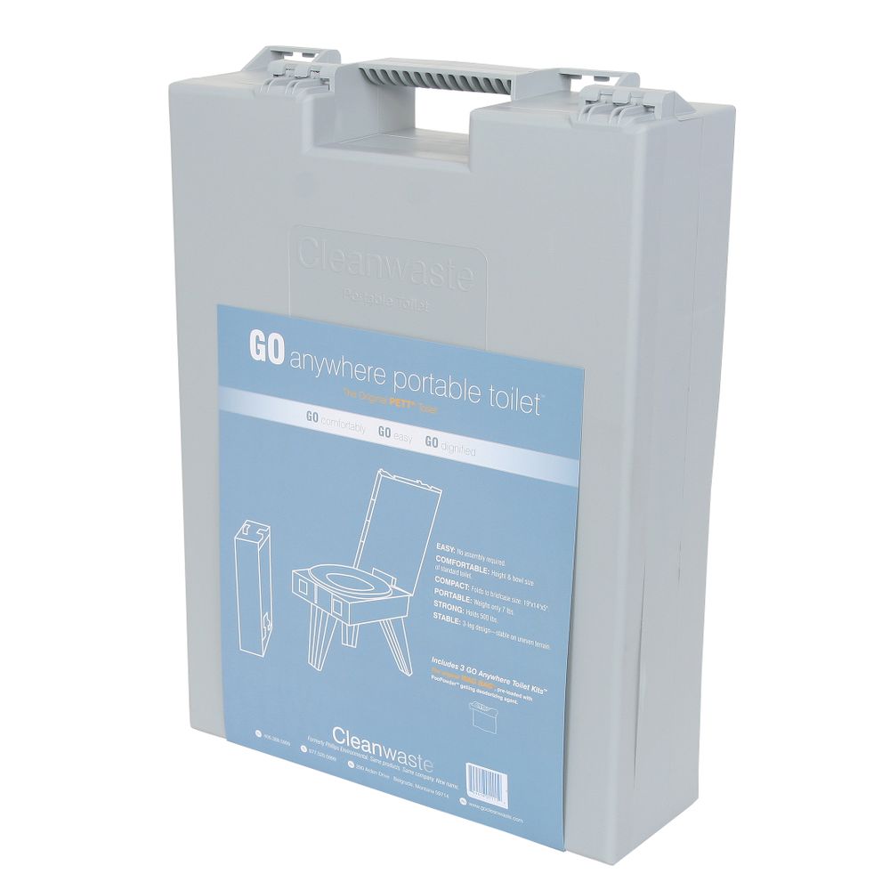 The Cleanwaste Portable Toilet System by NRS is stored in a light gray carry case with a blue label that displays product details and an assembly diagram, and it comes with a handy WAG BAG for simple waste disposal.