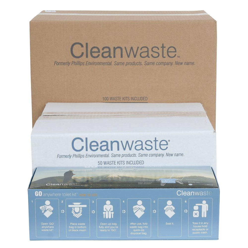 Three boxes of NRS CleanWaste Wag Bags include portable toilet kits. The top holds 100 kits, the middle has 50, and the bottom provides instructions. Each kit features a biodegradable waste bag for convenient disposal in outdoor settings.