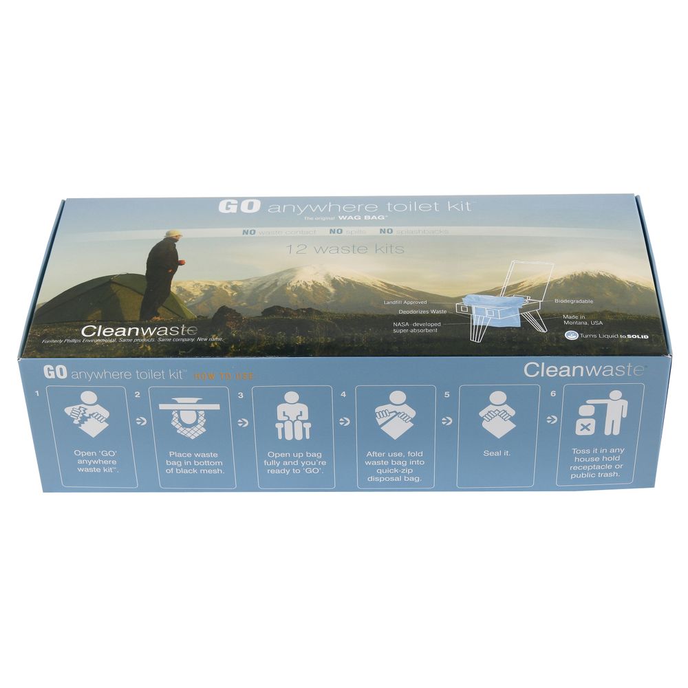 The NRS CleanWaste Wag Bags - Single box includes 12 biodegradable waste kits, each with waste treatment powder and instructions for use in toilets and safe disposal. Packaging is decorated with outdoor imagery.