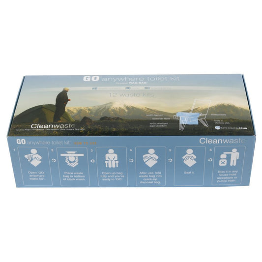 The NRS CleanWaste Wag Bags - Single box includes 12 biodegradable waste kits, each with waste treatment powder and instructions for use in toilets and safe disposal. Packaging is decorated with outdoor imagery.