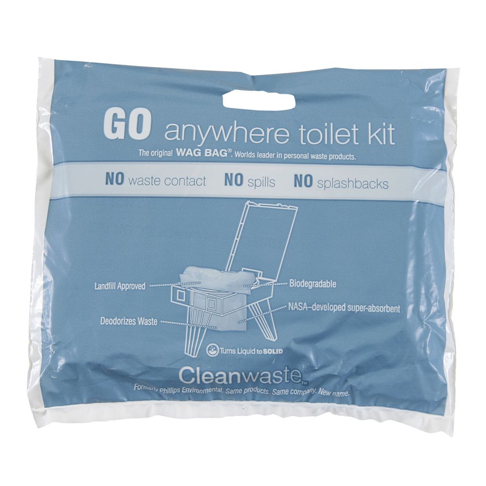 The blue packaging for the CleanWaste Wag Bags - Single by NRS features a WAG BAG with innovative waste treatment powder, preventing waste contact and spills. This biodegradable bag is NASA-developed and landfill approved.