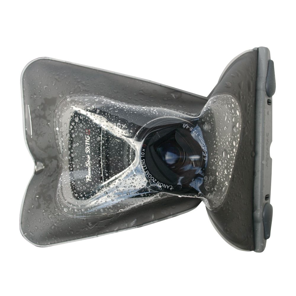 An Aquapac Small 418 Waterproof Camera Case encases the Canon camera lens, glistening with water droplets due to its LENZFLEX material.