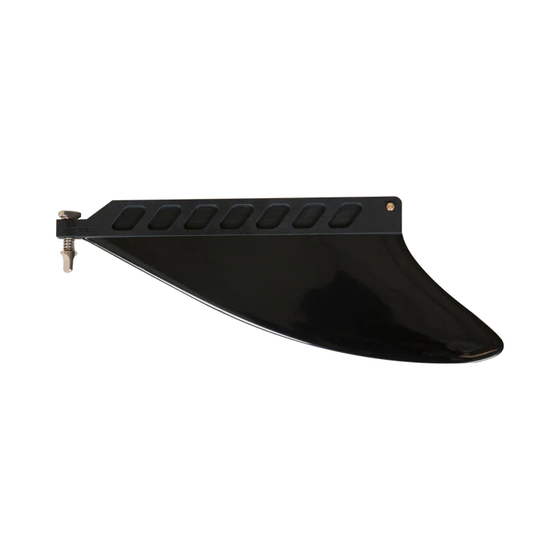 Side view of the Fin- 3in Unbreakable Center by SOL Paddle Boards, in black, featuring a slotted base, unbreakable center fin, fast fin release system, and a reflective surface for a sleek design; backed by SOL's three-year warranty.