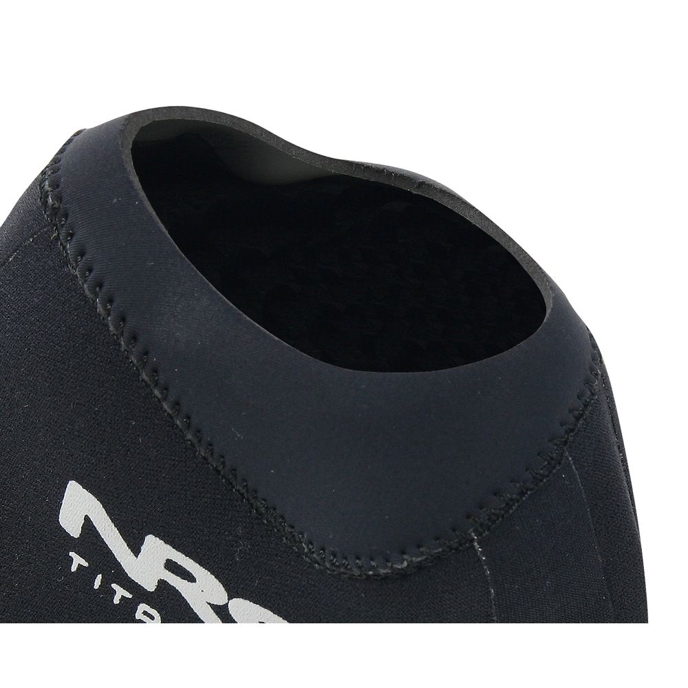 Close-up of a black neoprene NRS Boundary Sock with visible stitching and the letters "NRS" partially visible in white, highlighting its three-panel construction.