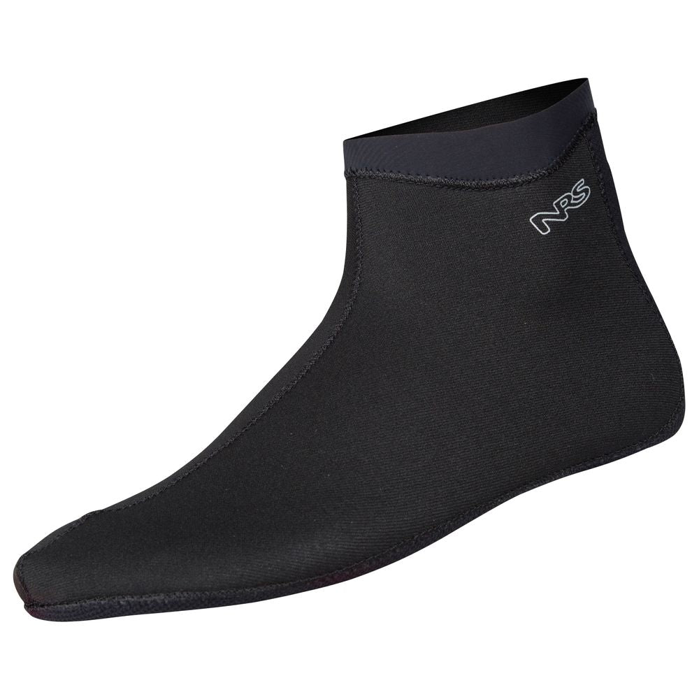 Black neoprene NRS Sandal Wet Sock with "NRS" logo, featuring HydroCuff™ technology for a secure fit.