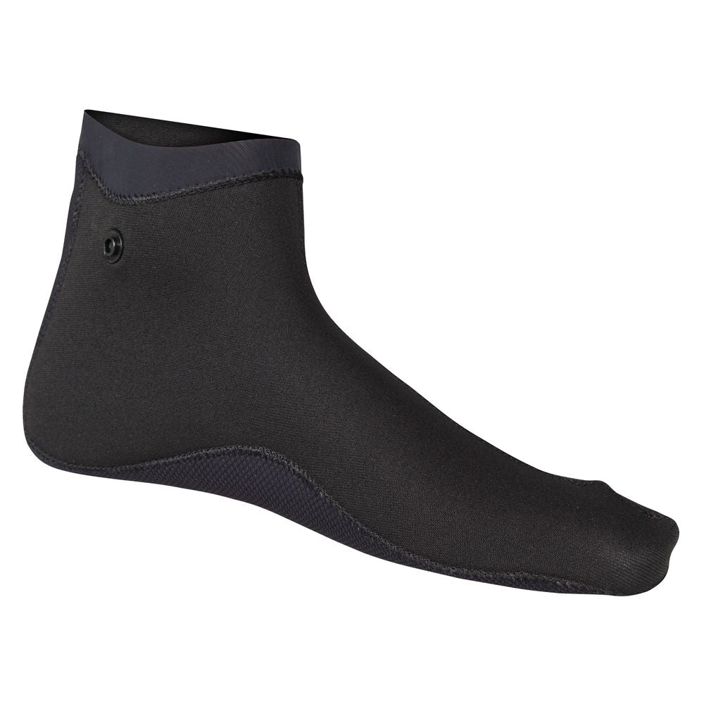 Introducing the NRS Sandal Wet Sock, a black neoprene ankle sock with a smooth surface and reinforced seams, featuring HydroCuff™ technology for a superior fit. Ideal as a sandal wetsock, it offers ultimate comfort and durability in wet environments.