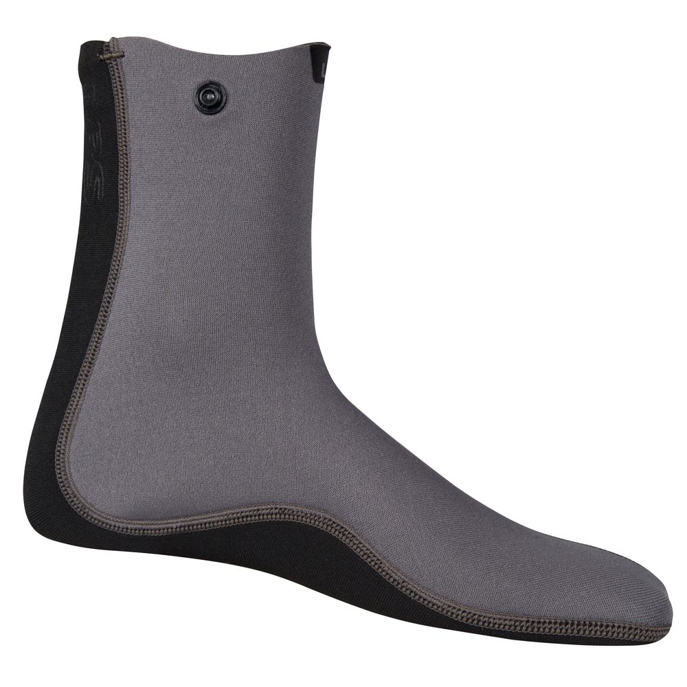 The NRS Neoprene WetSock, in gray with black trim, includes a buttoned vent near the ankle for enhanced warmth and fit.