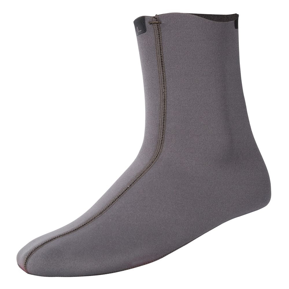 The NRS Neoprene WetSock, designed for water activities, offers a superior fit and added warmth with its gray material and a vertically running seam along the front.