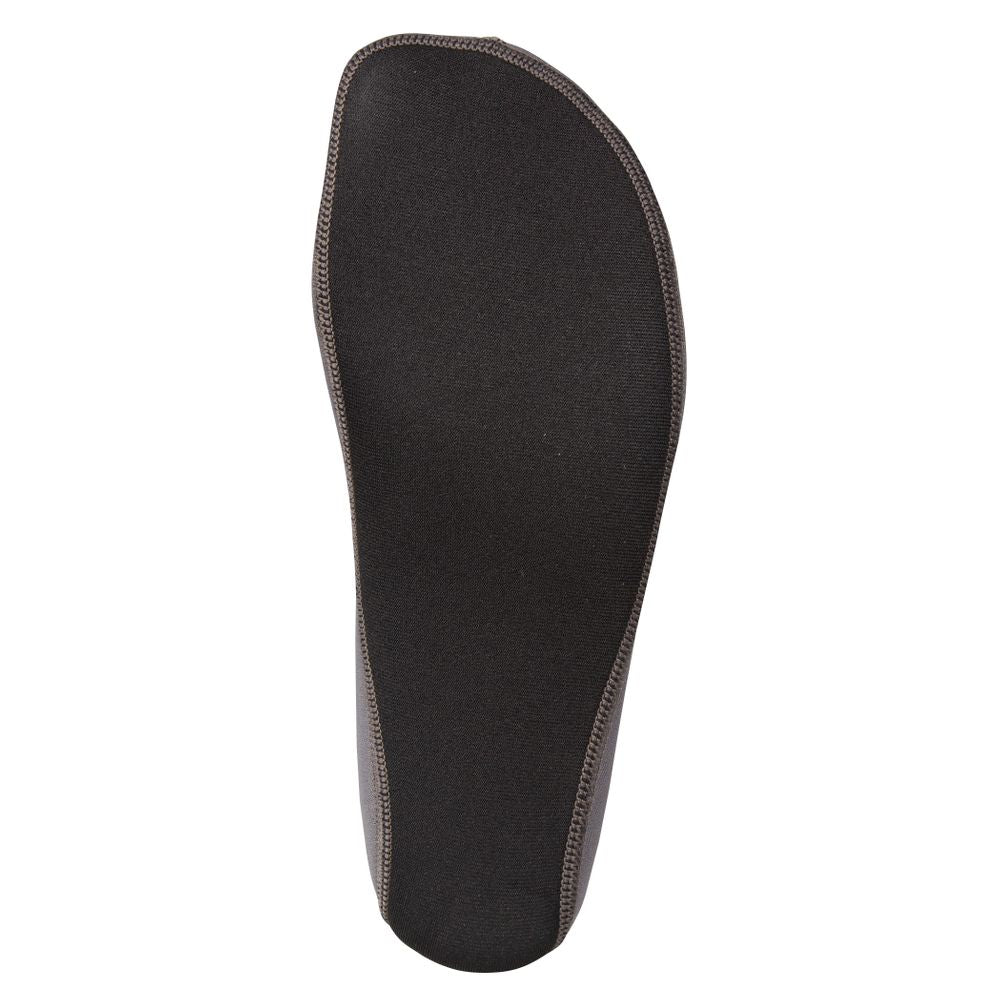 The NRS Neoprene WetSock features a black sole with brown stitching, viewed from above, providing an exceptional fit for added warmth and comfort.