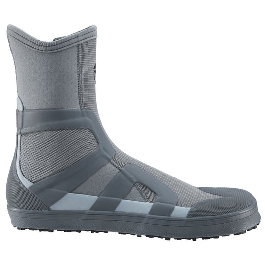 The NRS Backwater Wetshoe features a high ankle design, textured upper, and sturdy sole, making it perfect for kayakers and anglers. This versatile grey bootie offers excellent support and style while wading. Displayed on a white background.