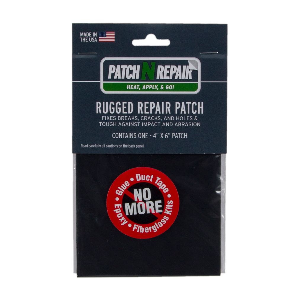 The NRS PatchNRepair Rugged Repair Patch has a durable design that seamlessly fixes breaks and cracks. Its packaging highlights "PatchNRepair" branding with bold "No More" text, showcasing its efficiency over glue, tape, and other kits with a promise of a waterproof seal for lasting repairs.