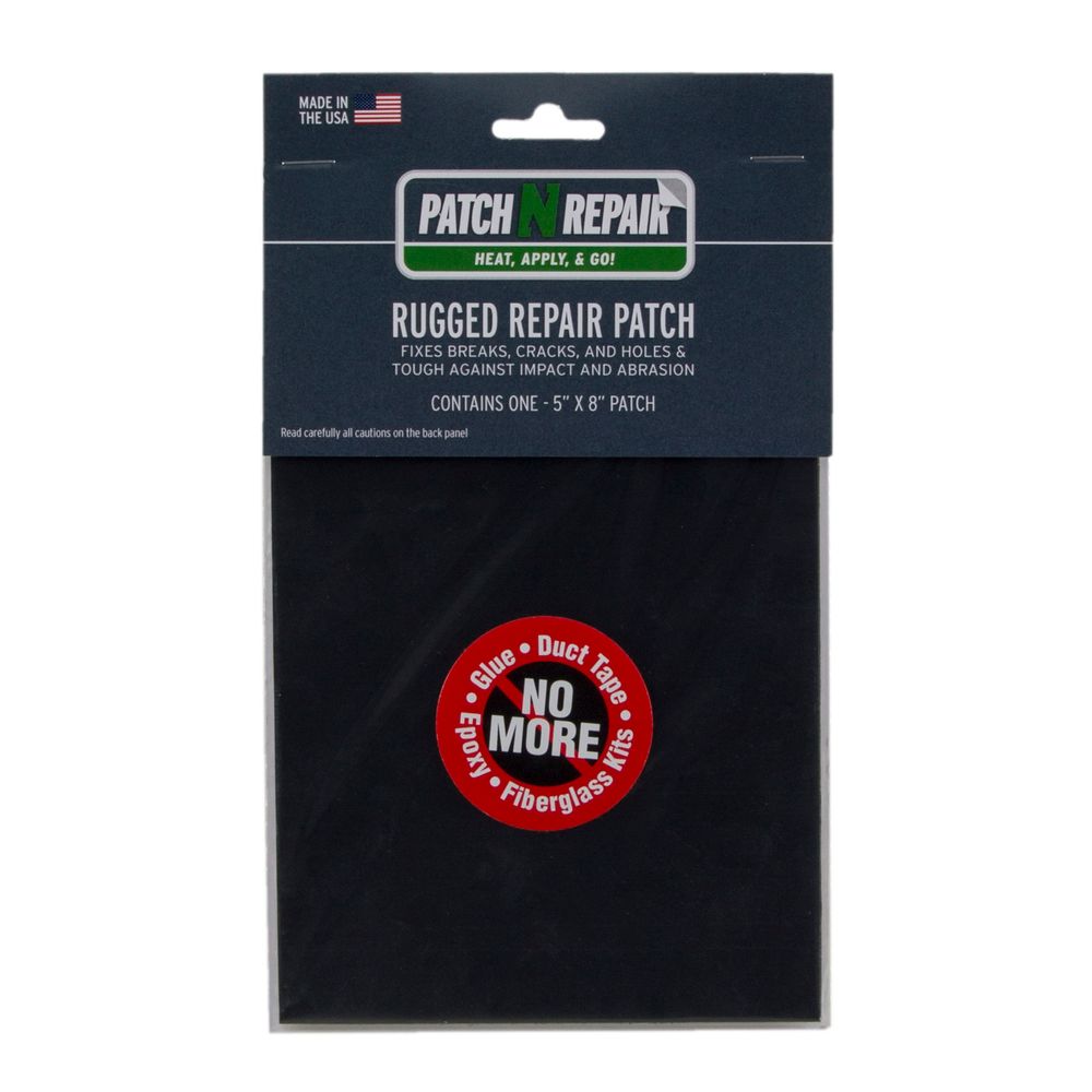 The NRS PatchNRepair Rugged Repair Patch provides a waterproof seal with its black design and red label stating, "No More Glue, Duct Tape, Putty, Fiberglass Kits." This durable patch is proudly made in the USA.