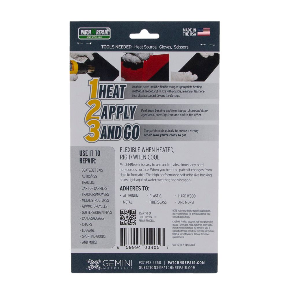 The PatchNRepair Rugged Repair Patch by NRS package includes simple instructions: "Heat, Apply, and Go," lists items it can repair and materials it bonds with for a waterproof seal, contains contact information and a barcode. Made in the USA.