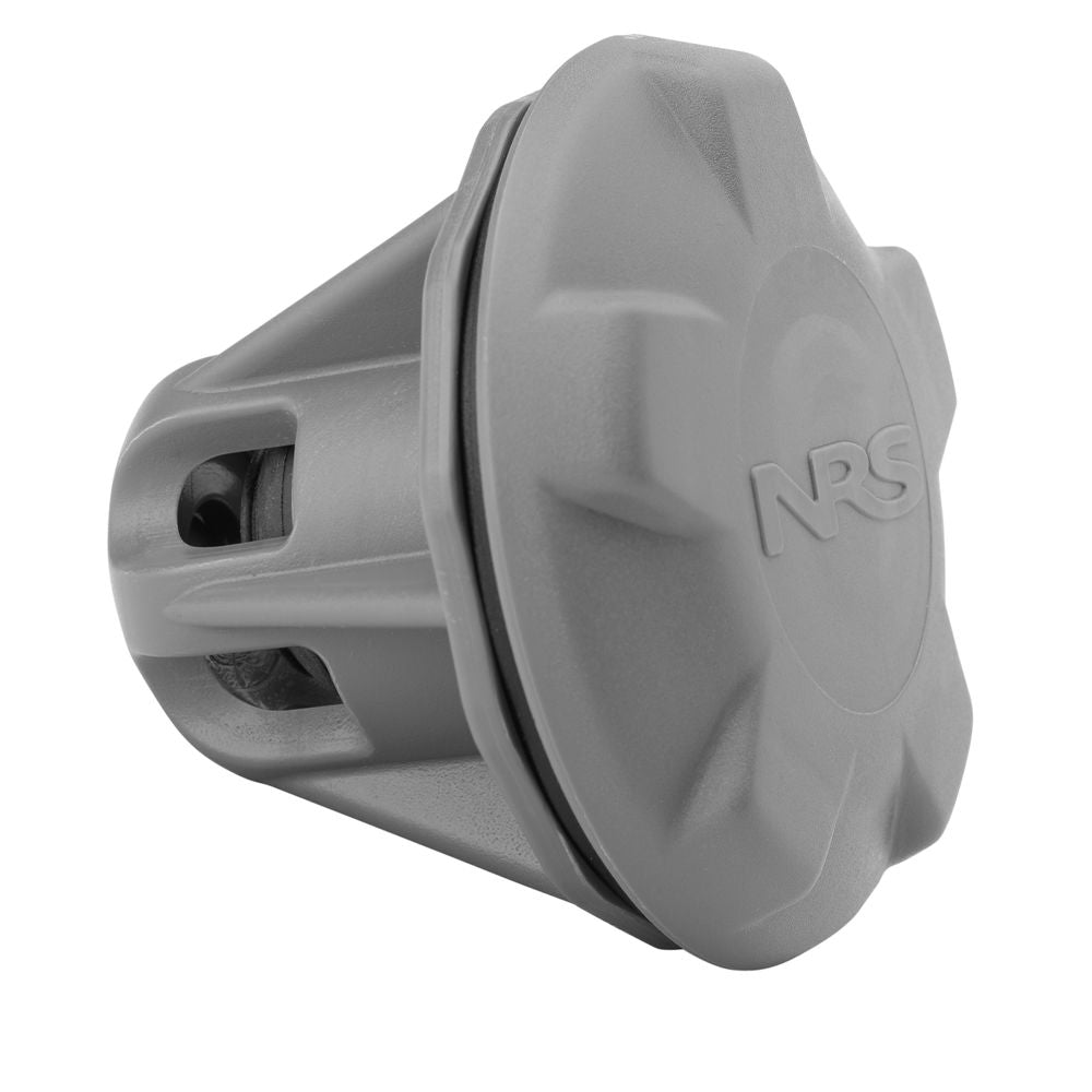 The Leafield C7 Valve by NRS features a gray hexagonal cap with side openings and raised "NRS" text, made from durable acetal plastic for high-performance inflatables.