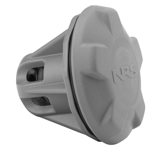 The Leafield C7 Valve by NRS features a gray hexagonal cap with side openings and raised "NRS" text, made from durable acetal plastic for high-performance inflatables.