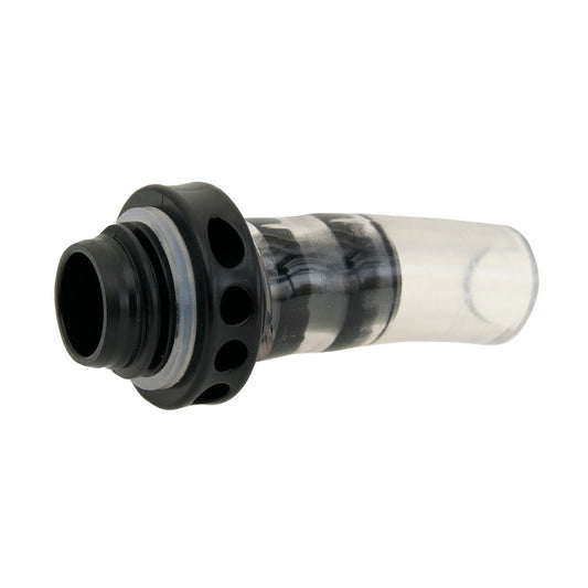 Close-up of the NRS Leafield C7/D7 Valve Adapter, a black and transparent cylindrical nozzle with a curved, perforated attachment for fluid transfer, featuring an airtight secure connection.