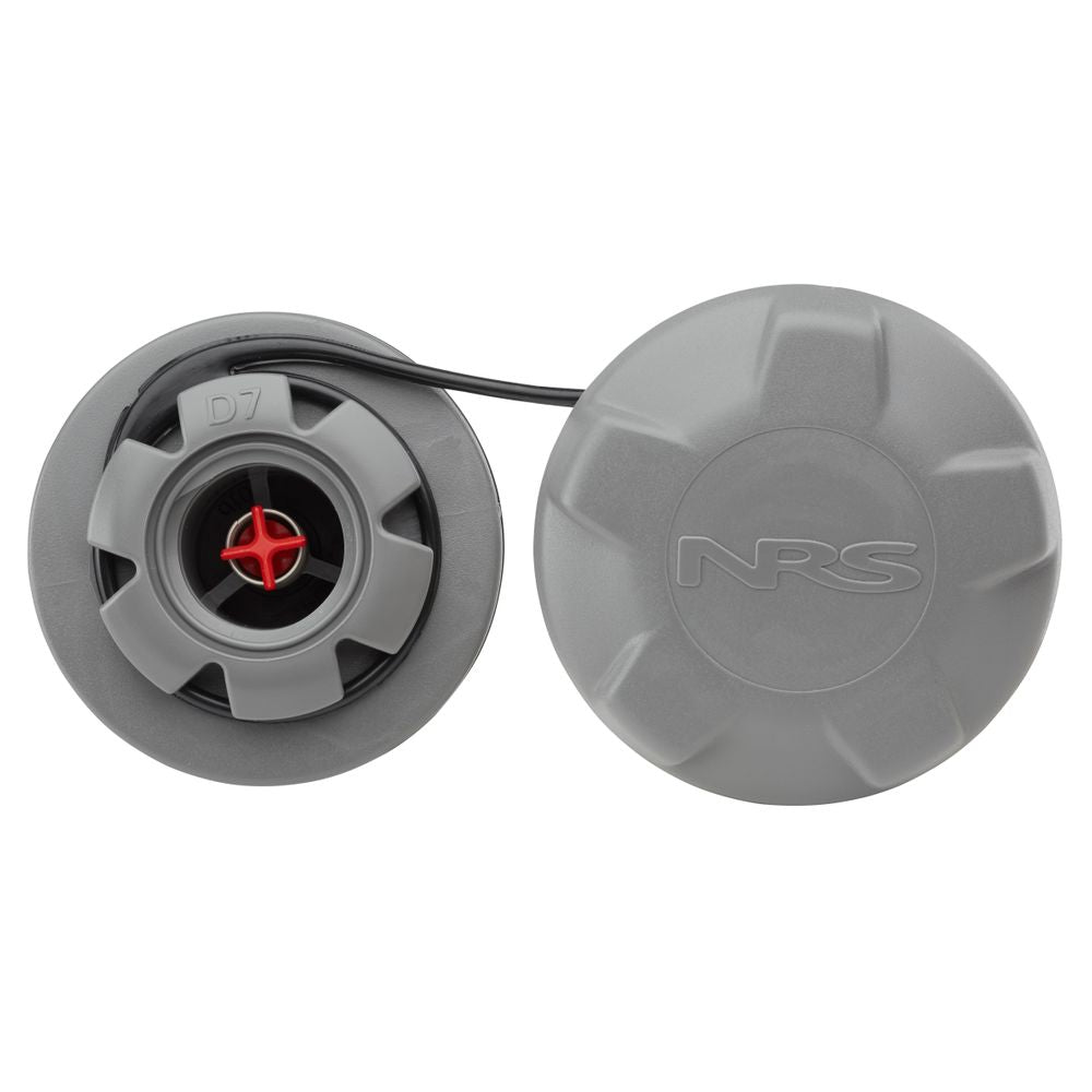 Two Leafield D7 Valves, compatible with high-pressure inflatables, feature the NRS logo. Crafted from durable acetal plastic, they are gray with one showing a red inner part and attached black cord.