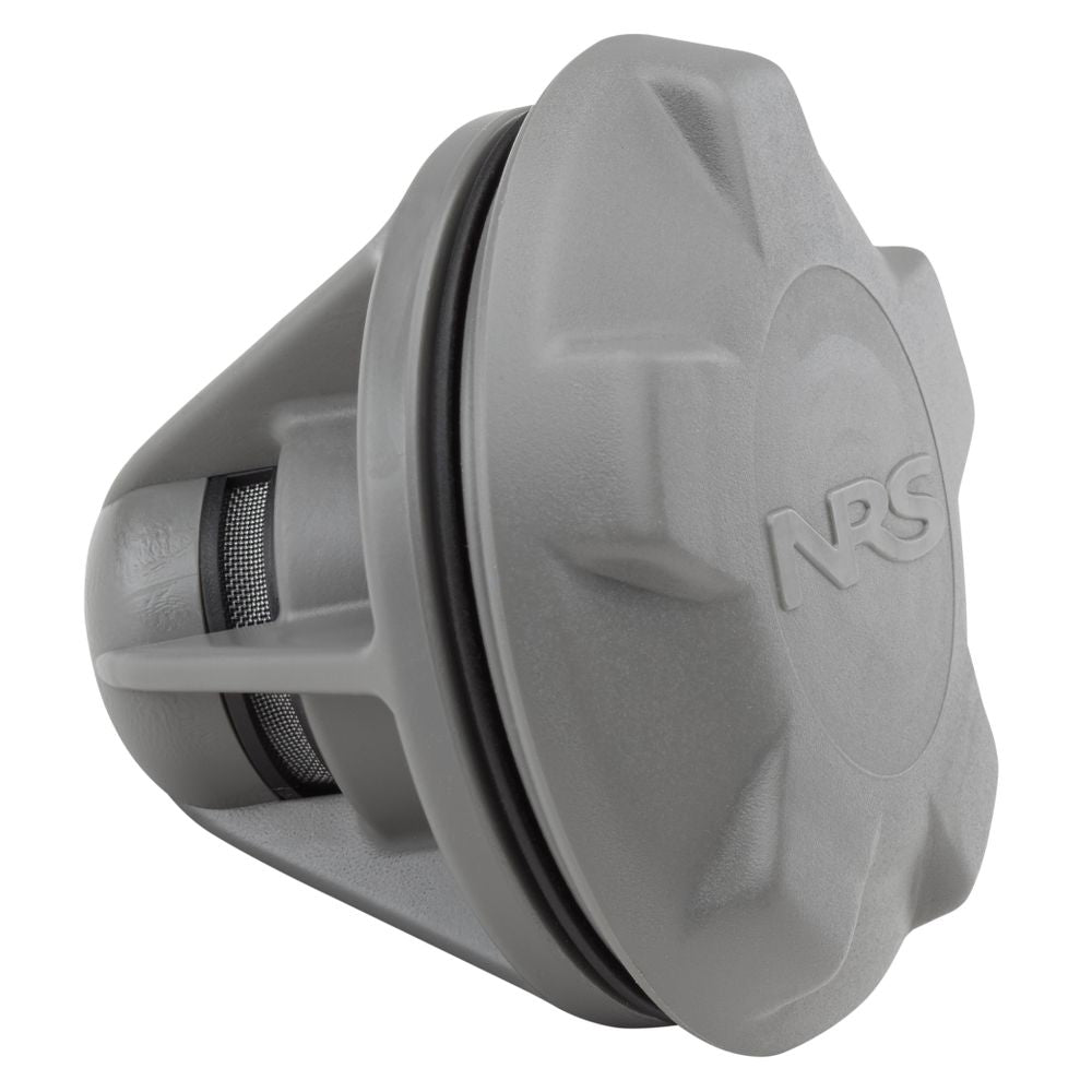 The gray cap for the Leafield D7 Valve by NRS is crafted from durable acetal plastic, featuring a round design with textured grip and side vents and grooves, making it perfect for high-pressure inflatables.