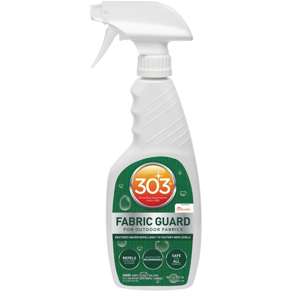 The 303 Fabric Guard by 303 comes with a trigger spray nozzle, ideal for outdoor fabrics. The label touts its water and stain repellency, safety for all fabrics, and its recommendation by Sunbrella.