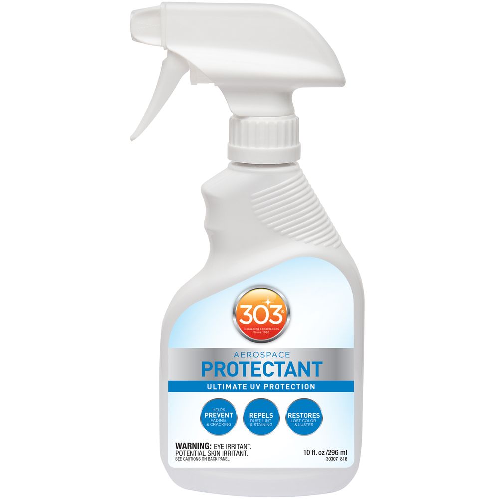 The 303 Protectant spray bottle, branded by 303 and containing 10 fl oz, offers ultimate UV protection. It prevents fading, repels stains, restores surfaces, and rejuvenates with its environmentally safe formula for long-lasting defense.