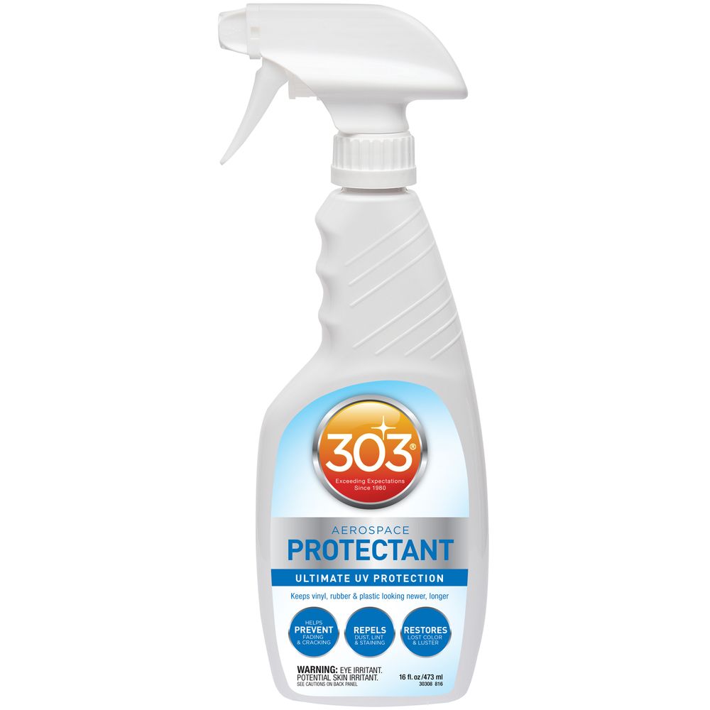 A spray bottle of 303 Protectant from 303, featuring a white cap and blue label, provides biodegradable UV protection for vinyl, rubber, and plastic surfaces.