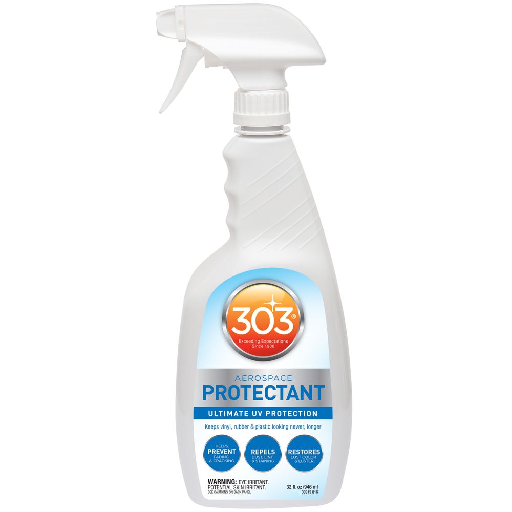 The 303 Protectant spray bottle features an orange cap and labels claiming "Ultimate UV Protection," "Prevents Fading," "Repels Dust," and "Restores." Environmentally safe, it holds 32 fl oz (946 mL).