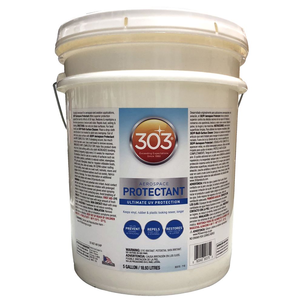 A 5-gallon white bucket of 303 Protectant by 303, featuring UV protection and environmentally safe claims.