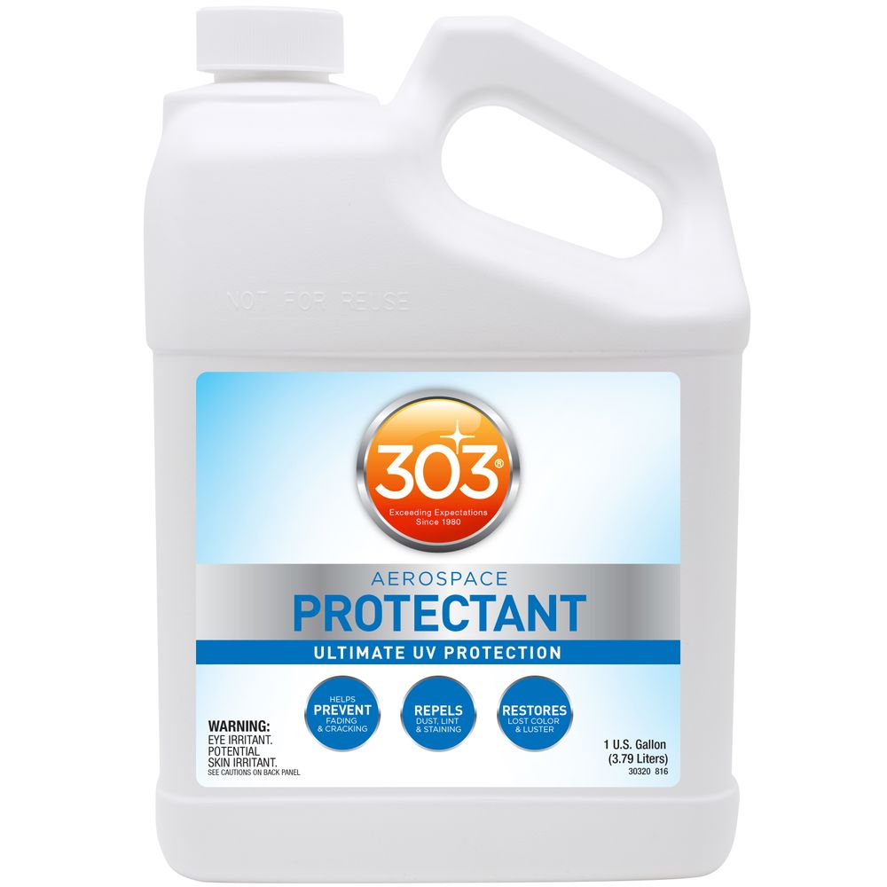 A one-gallon container of 303 Protectant features a white bottle with a handle and blue label. It emphasizes its environmentally safe formula, providing UV protection, prevention, repelling, and restoring for various surfaces.