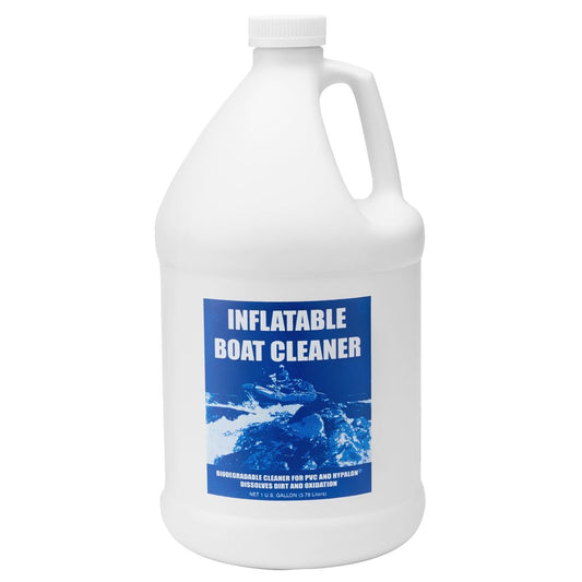 Quart bottle labeled "Inflatable Boat Cleaner" by NRS, featuring a blue label with white text and an image of PVC and Hypalon boats on the water.