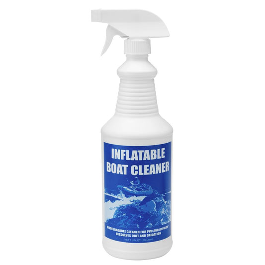 The NRS Inflatable Boat Cleaner Quart comes in a white spray bottle with bold blue text and a boat image, crafted to clean PVC and Hypalon surfaces to keep your inflatable boat looking pristine.