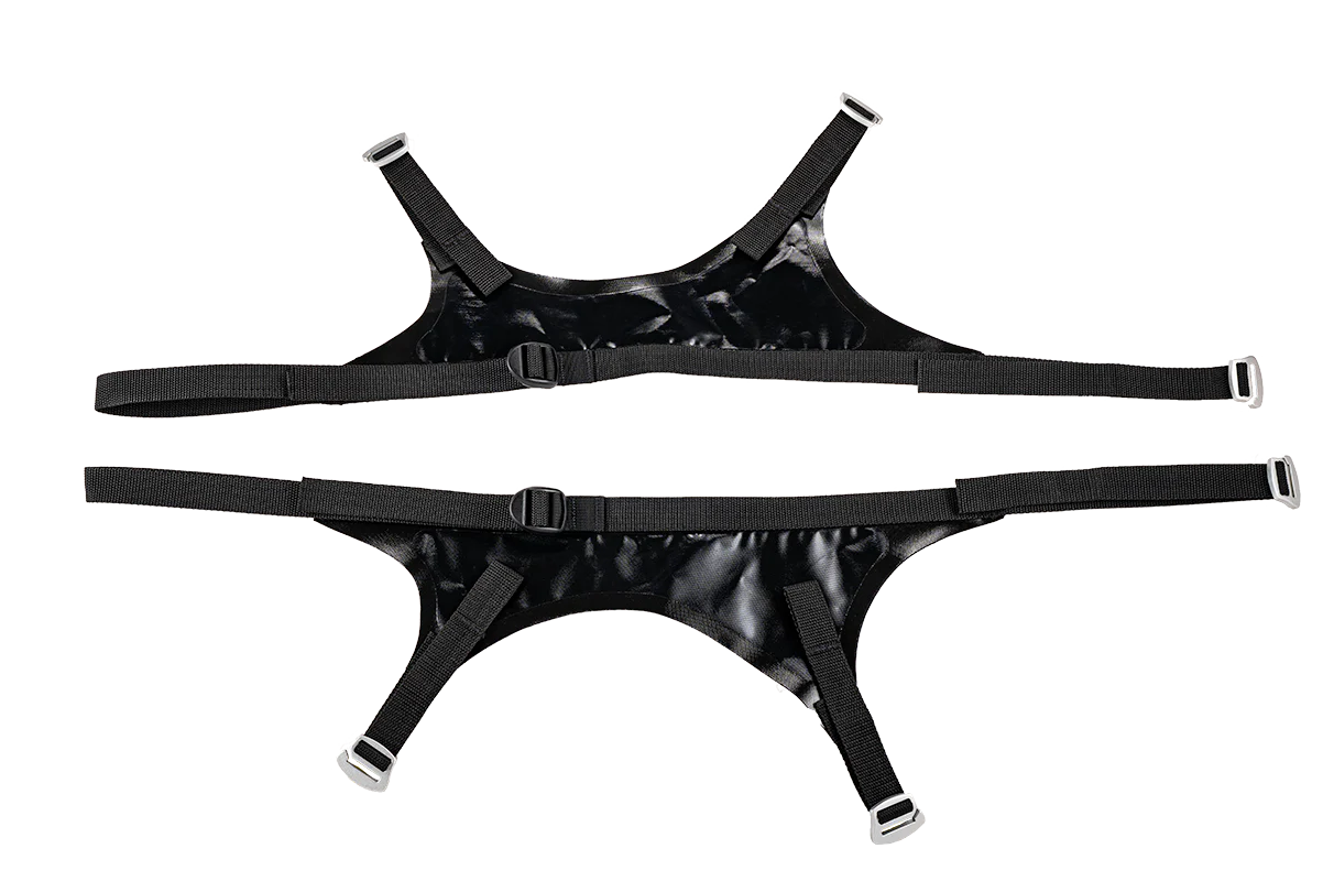 An Alpacka 3 Point Thigh Straps harness belt in black, featuring adjustable straps and metal buckles, laid flat on a white surface.