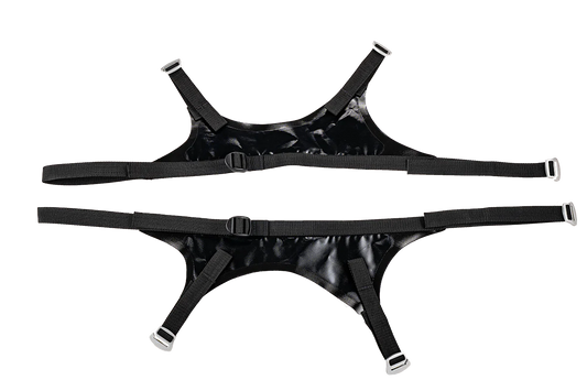 An Alpacka 3 Point Thigh Straps harness belt in black, featuring adjustable straps and metal buckles, laid flat on a white surface.