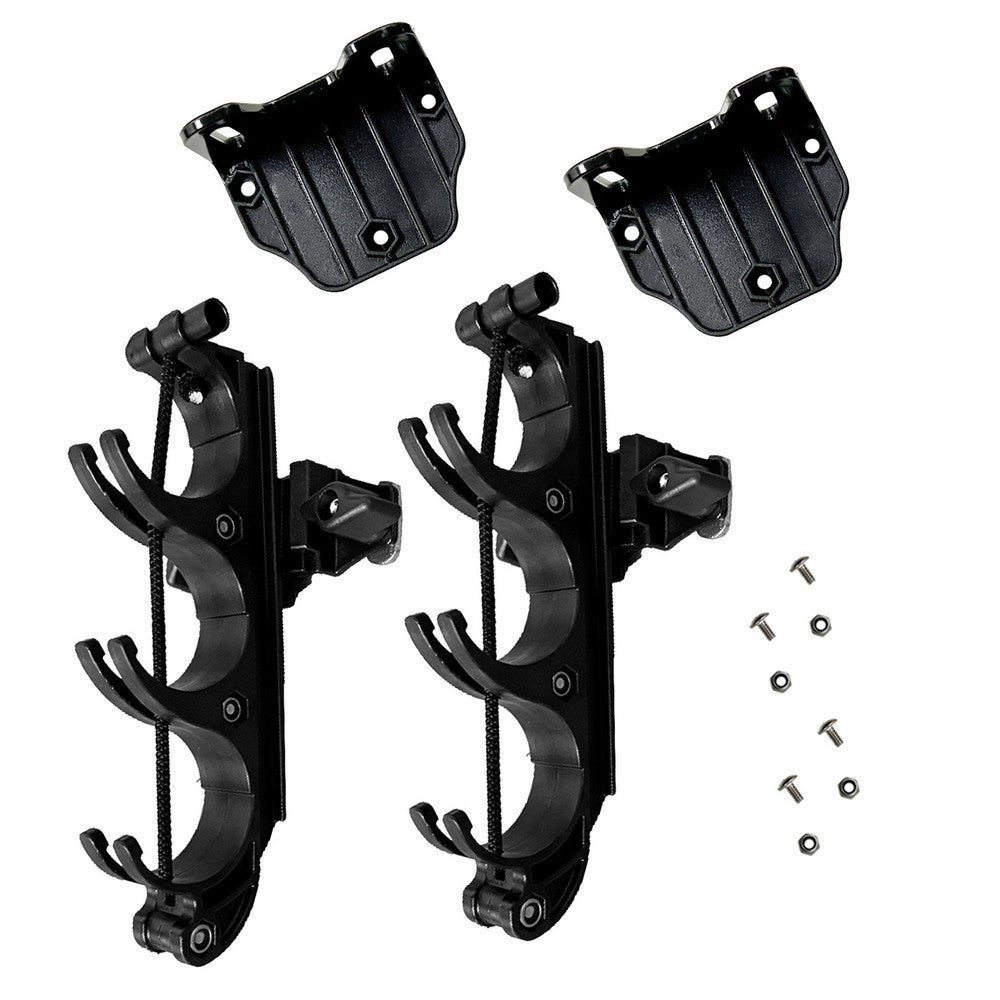 The Jackson Kayak Triple Rod & Paddle Stagers, compatible with the Jackson TriTrak system, includes two holder mounts, two caps, and six small screws.