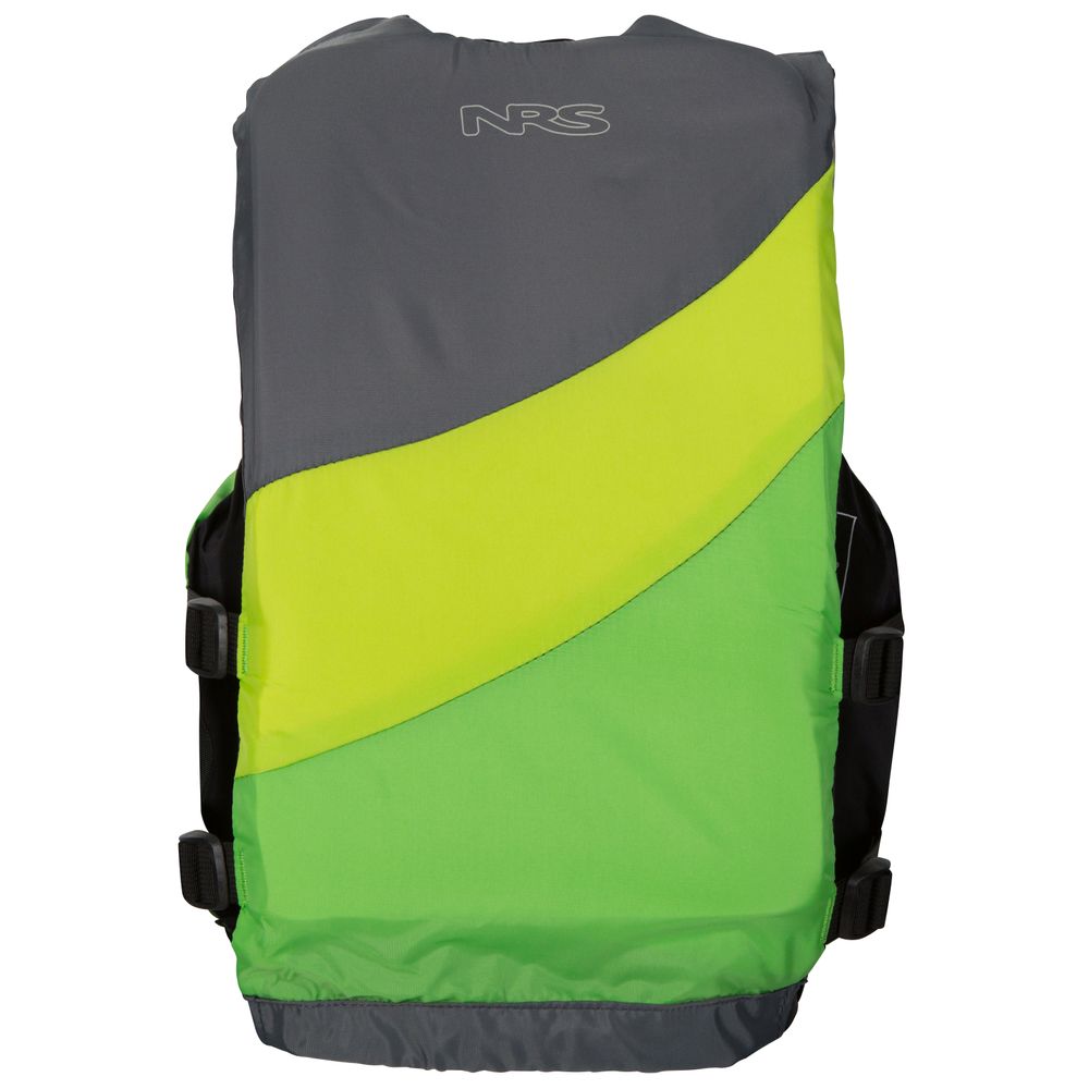 The Crew Youth PFD by NRS is a brightly colored backpack featuring gray, lime green, and yellow panels with two black side straps and a top logo.