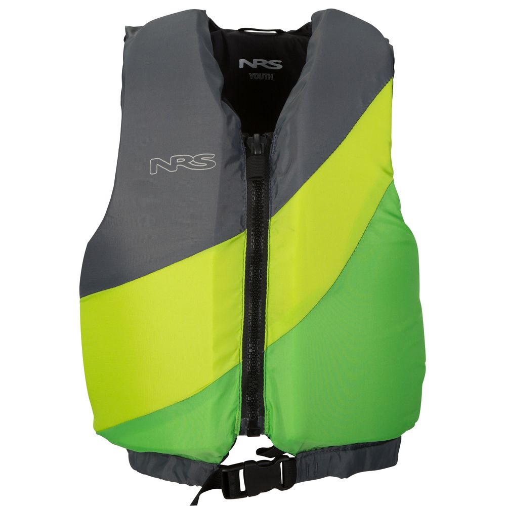 The Crew Youth PFD by NRS is a green and gray child life vest with a black zipper and adjustable strap, featuring US Coast Guard Type III Certification.