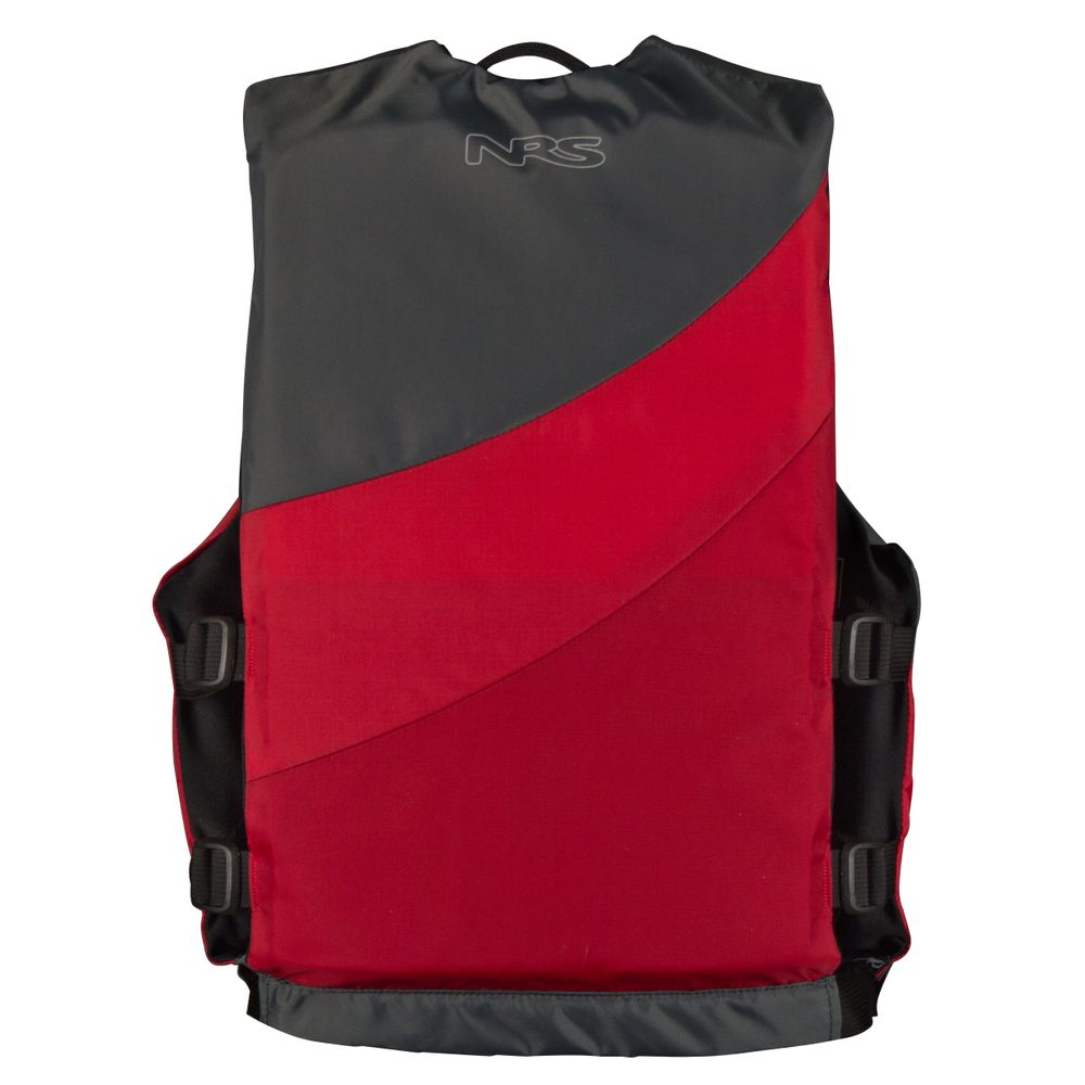 NRS Crew Youth PFD in red and black offers adjustable straps, a top handle, and Child PFD features with US Coast Guard Type III Certification for guaranteed safety.