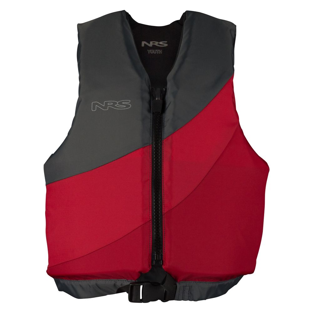 The "Crew Youth PFD" by NRS is a red and gray life jacket with a front zipper, boasting US Coast Guard Type III Certification as a dependable child PFD.