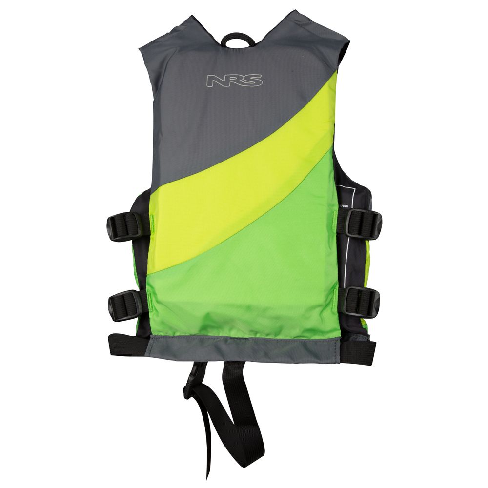 The Crew Child PFD by NRS features a green and gray design with black straps and the NRS logo on the front. It is US Coast Guard certified for safety, ensuring peace of mind on the water.