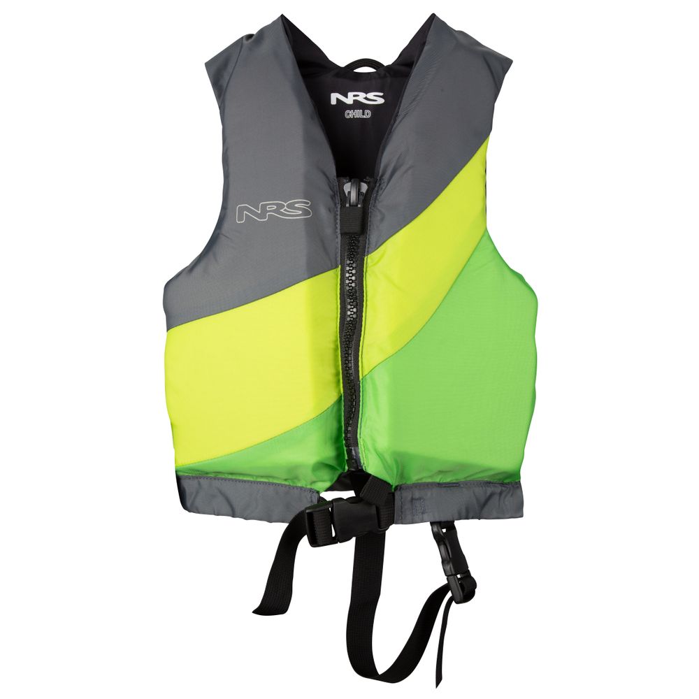 The NRS Crew Child PFD in gray and neon green features a front zipper, waist buckle, and US Coast Guard Certification.