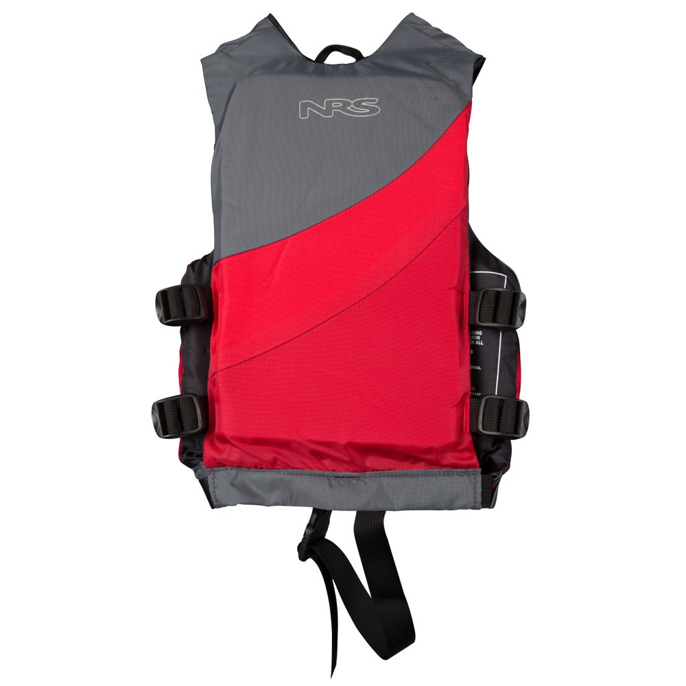 The NRS Crew Child PFD is a red and gray life jacket with black adjustable straps, showcasing the "NRS" logo on the front. It is US Coast Guard Certified, ensuring style and safety for young adventurers.