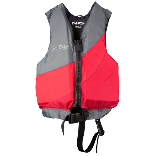 The NRS Crew Child PFD in red and gray features a central zipper, adjustable straps, and is US Coast Guard certified, ensuring peace of mind for parents.