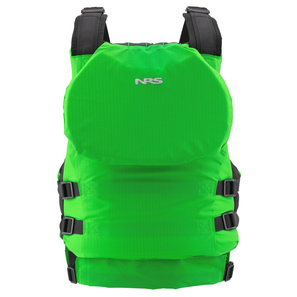 The NRS Big Water V PFD is a bright green, high-flotation life jacket with adjustable black straps and a universal fit. It features the NRS logo on the front and meets US Coast Guard certification standards for safety and reliability.