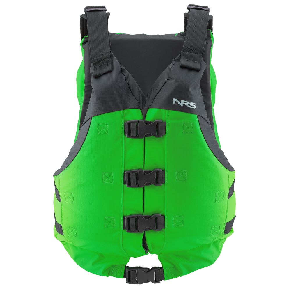 The NRS Big Water V PFD is a bright green, high-flotation life jacket with black straps and buckles, featuring the NRS logo on the chest and US Coast Guard Certification for safety.