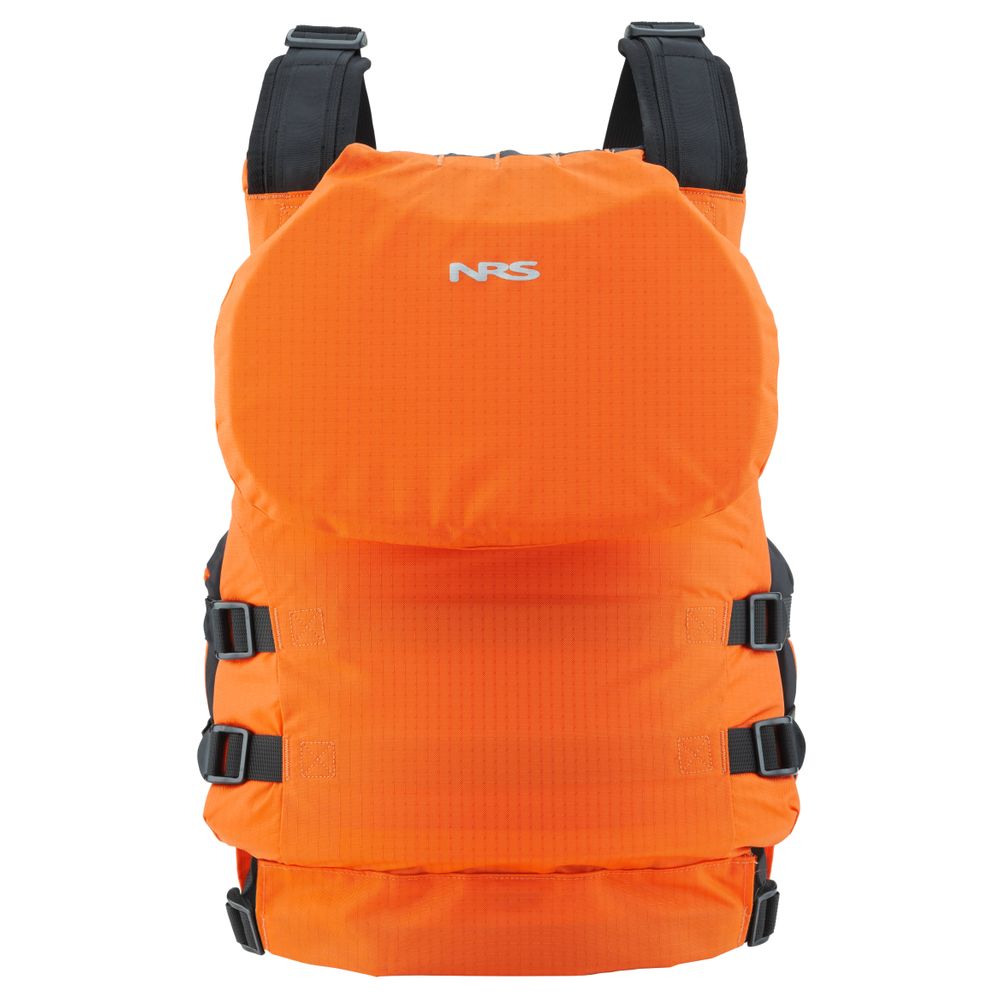 The Big Water V PFD by NRS is a bright orange backpack with black straps and buckles, featuring the "NRS" logo on the front, designed for a universal fit suitable for all adventures.