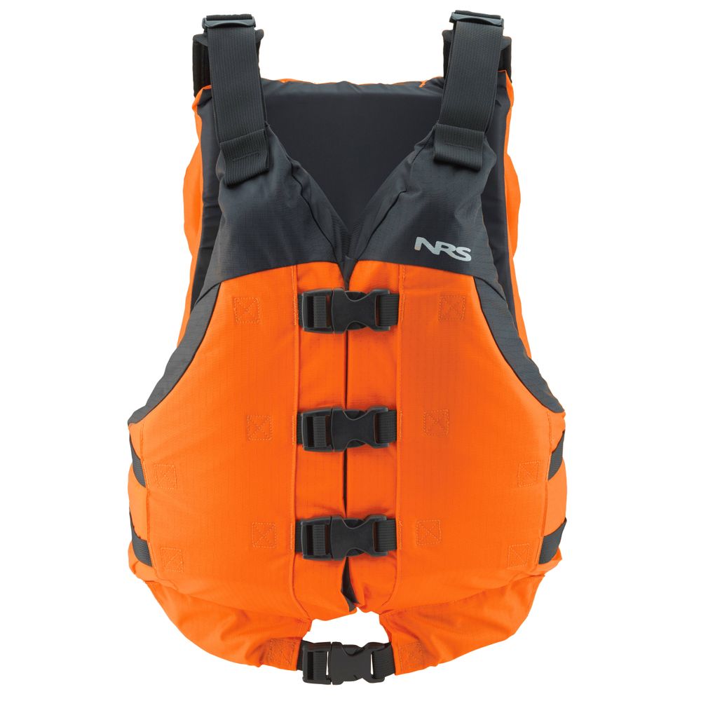 The NRS Big Water V PFD is an orange and black high-flotation jacket featuring adjustable straps, a universal fit, and a branded logo on the front.