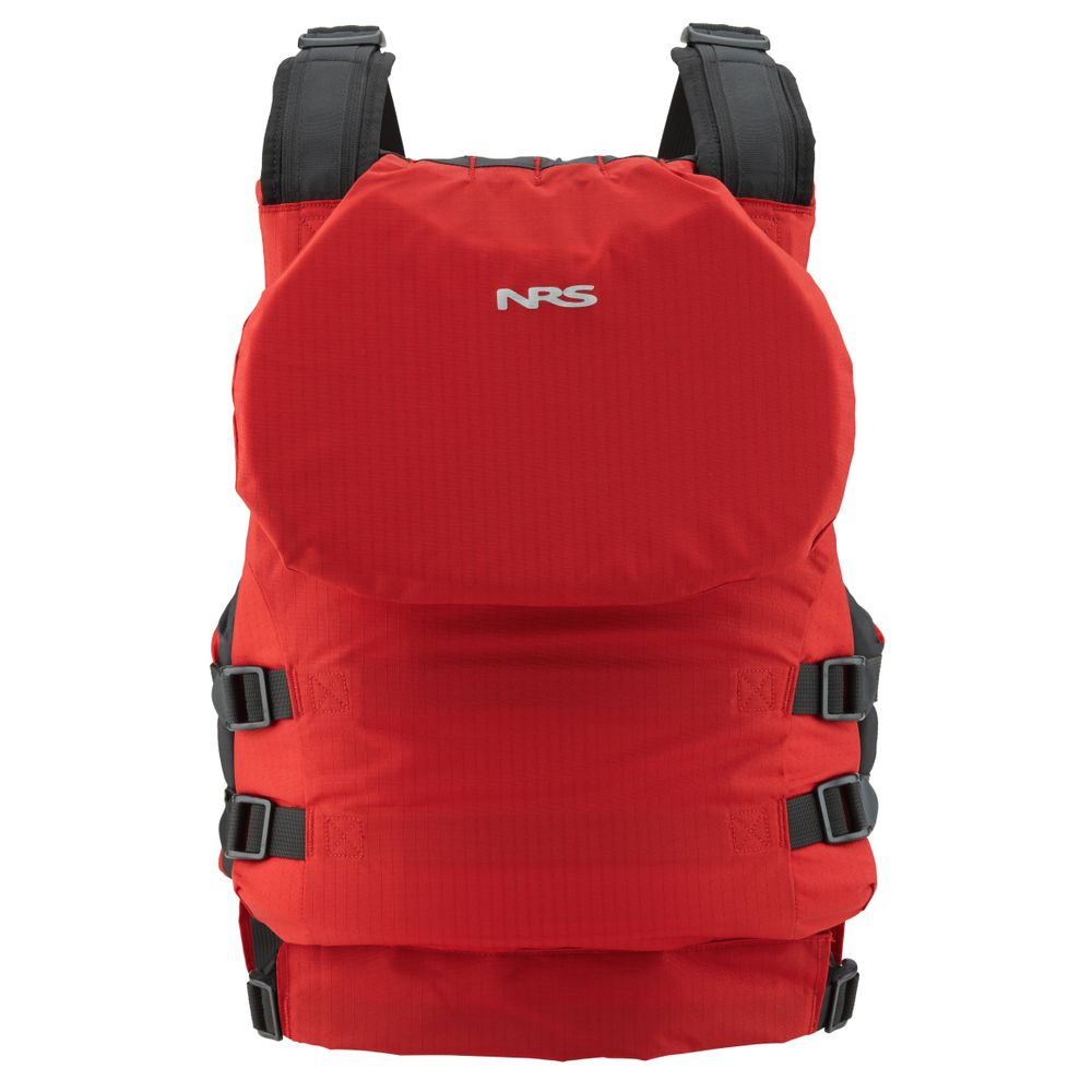 The Big Water V PFD by NRS is a bright red high-flotation jacket with black adjustable straps, featuring the "NRS" logo on the front and boasting US Coast Guard Certification for universal fit.